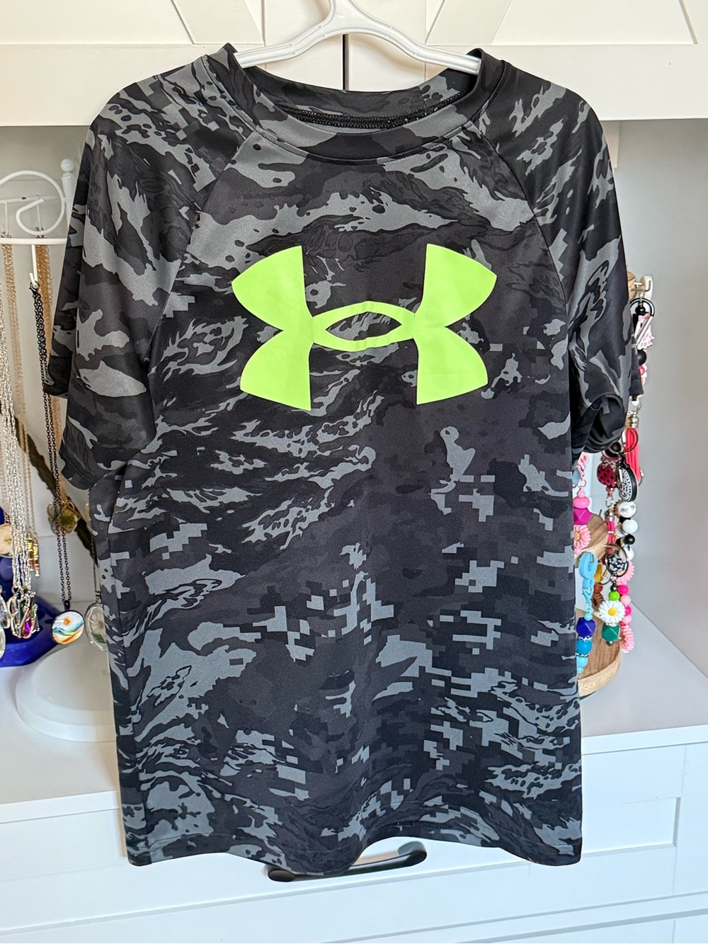 Under Armour Black & Gray Camo Tee with Neon Green Logo